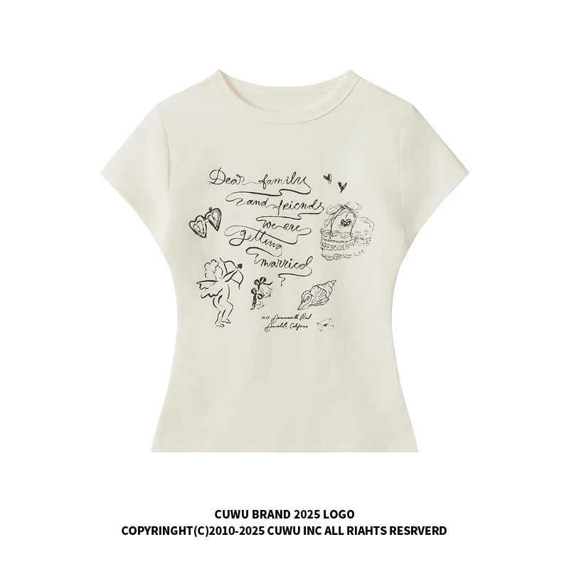 cuwu辣妹正肩短袖t恤女夏季2025新款涂鸦印花短款修身纯欲风上衣