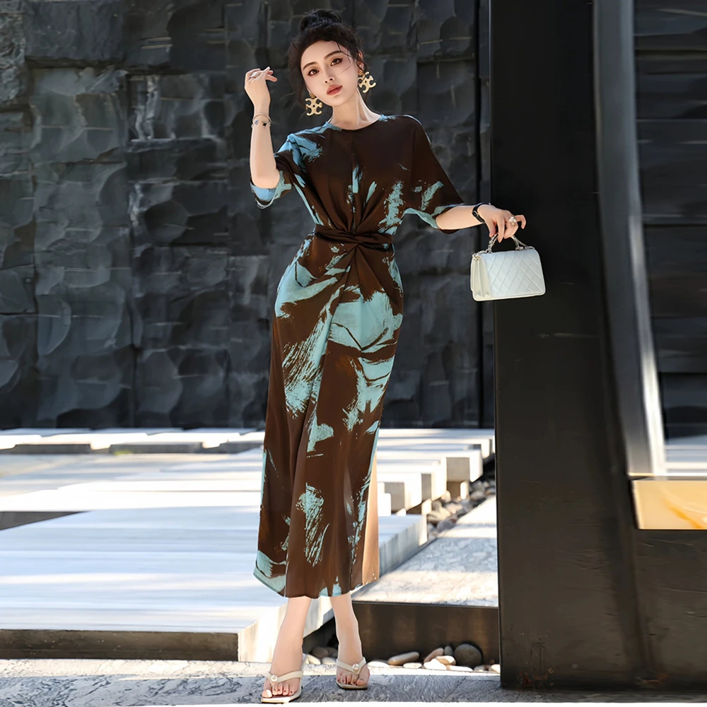 夏季新款优雅风晕染抽象V领绑带修身显瘦连衣裙名媛风复古