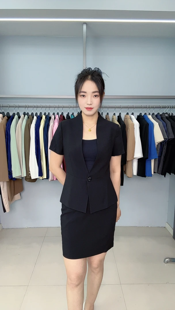 H-6A19西装裙短袖职业女裙套装夏季短款套装夏装职业装休闲黑色