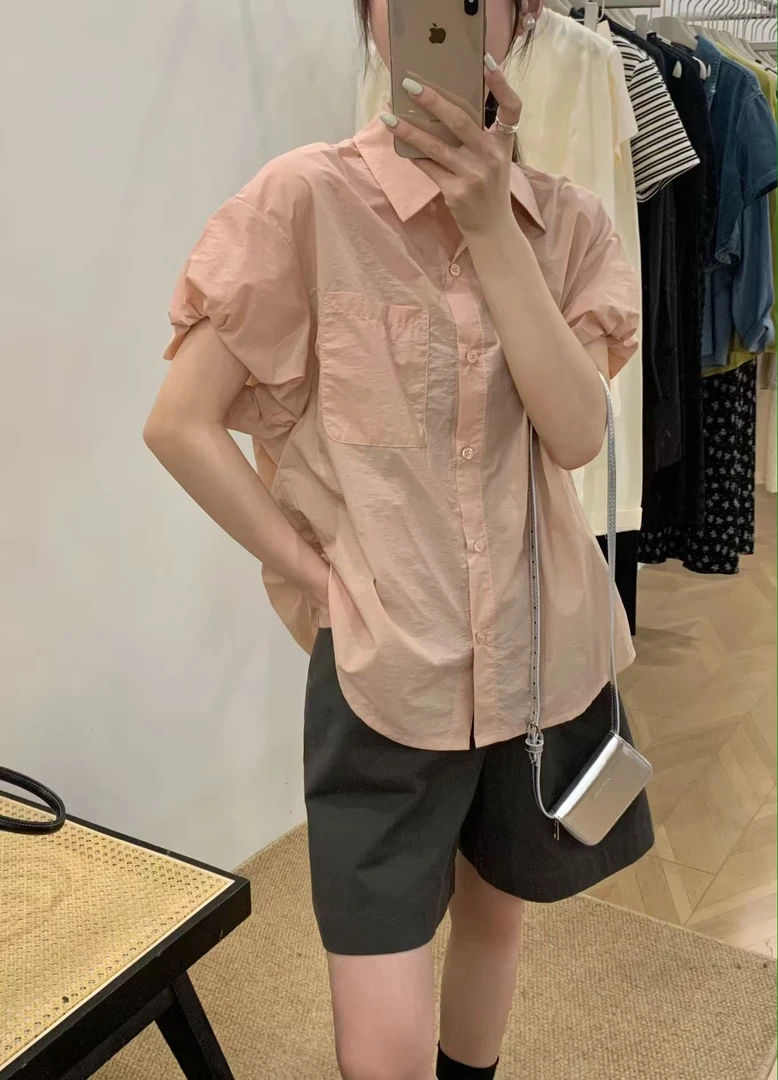 [易小慧]韩版夏款薄料飞飞袖宽松休闲衬衣