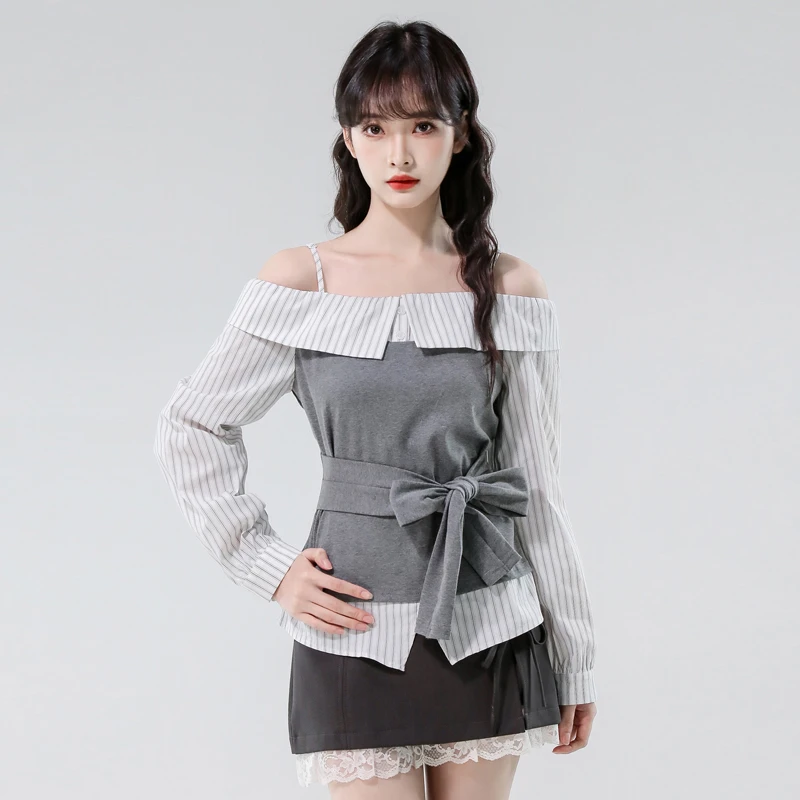 灰色条纹拼接一字肩绑带衬衫女2025早秋新款纯欲收腰显瘦露肩上衣