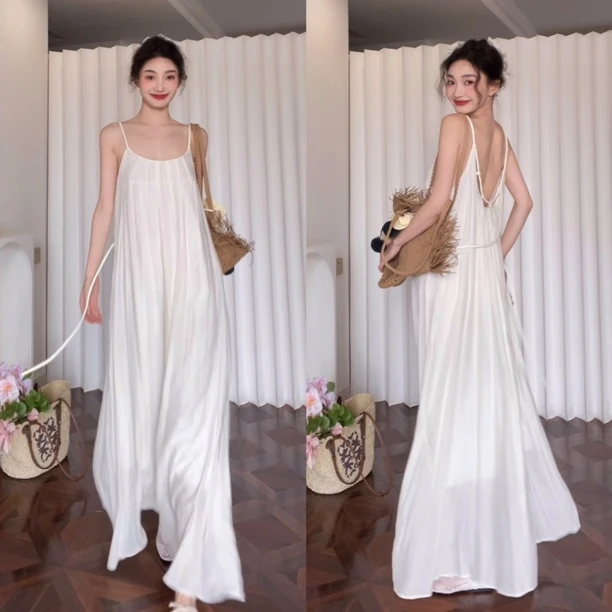 【白茶】设计感粗绳系带不勒肉吊带超舒服U领露背显瘦长裙.含腰带