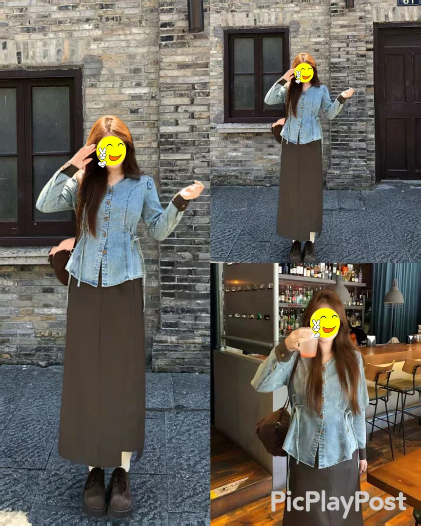 【预售】大码胖MM掐腰显瘦牛仔皮裙两件套