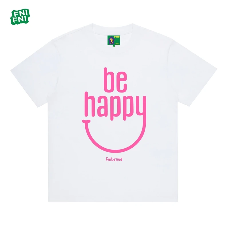 FNI国潮重磅纯棉（be happy）男女同款t恤美式复古短袖24新款发泡