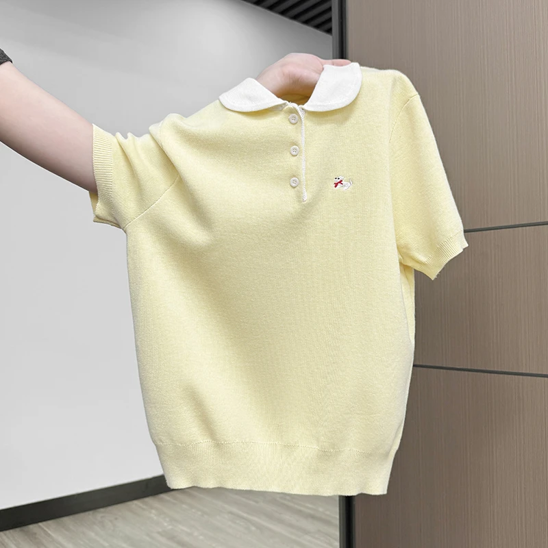 polo领创意卡通小狗刺绣针织短袖女减龄夏季可爱修身甜美显瘦上衣