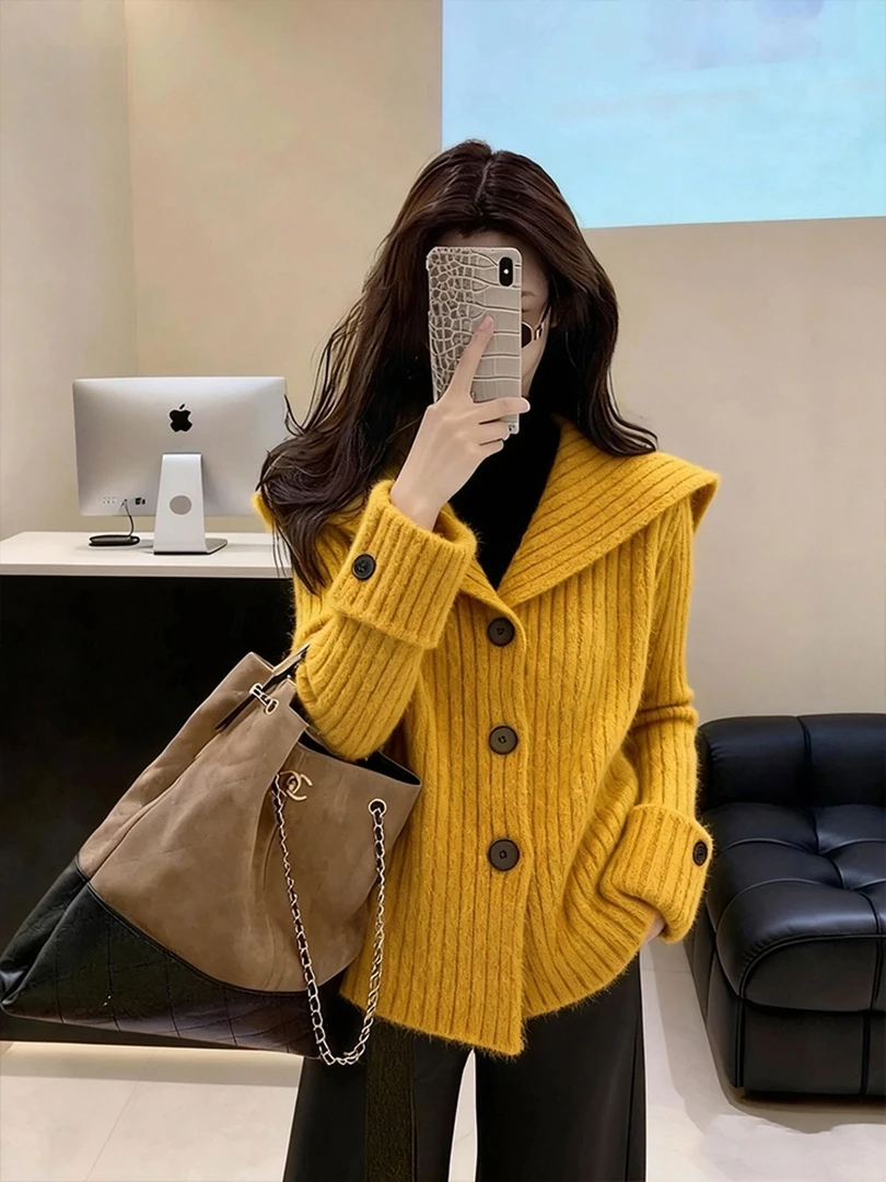 韩版宽松复古黄色毛衣外套秋冬新款时尚海军领单排扣针织开衫上衣