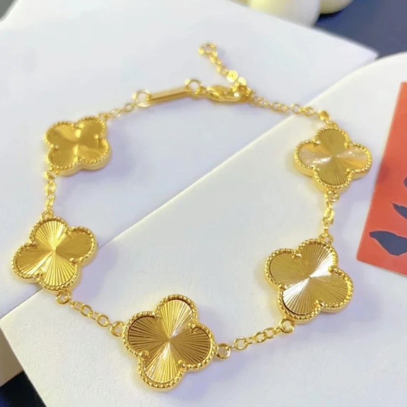 铜合金手链 时尚镭射双面五花四叶草手链轻奢气质百搭精美双面