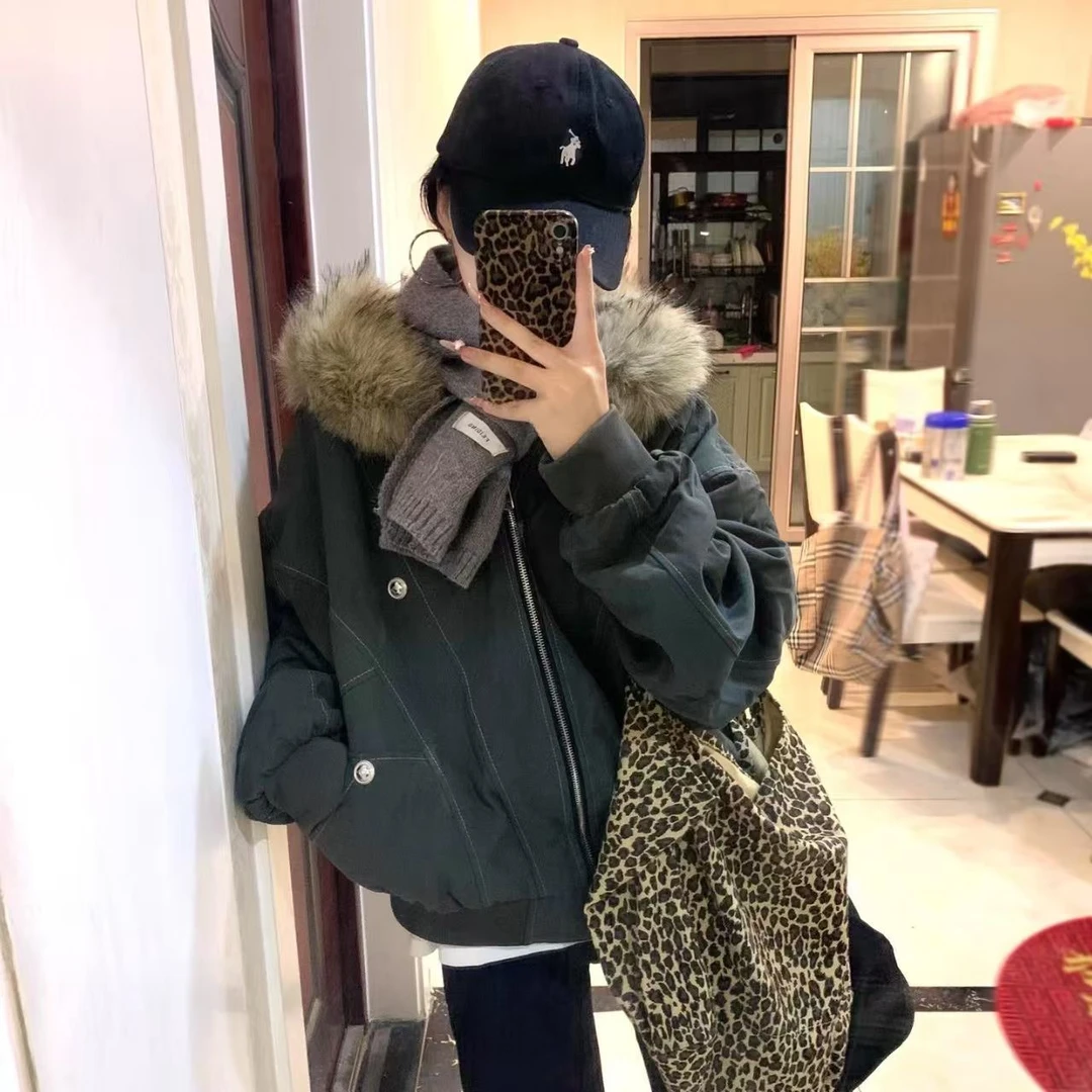 美式国潮座山雕复古外套大毛领冬季加厚克服设计棉服连帽短款棉衣