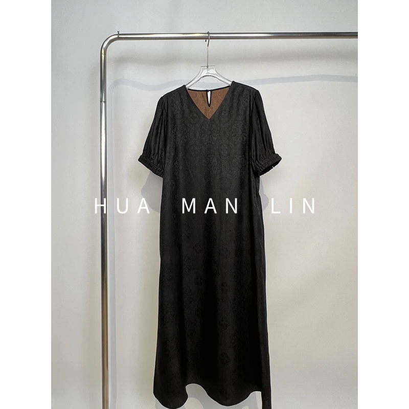 【花满林】V领泡泡袖花罗香云纱真丝桑蚕丝连衣裙259367【有腰带】