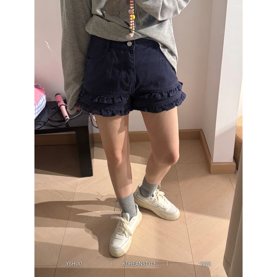YSHUO【夏日随心配】夏季木耳边拼接藏蓝色牛仔裤甜美辣妹短裤N2651