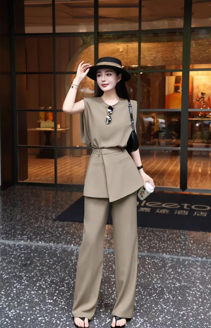 【晨浠定制】新款时尚气质高端轻奢无袖上衣阔腿裤套装2559