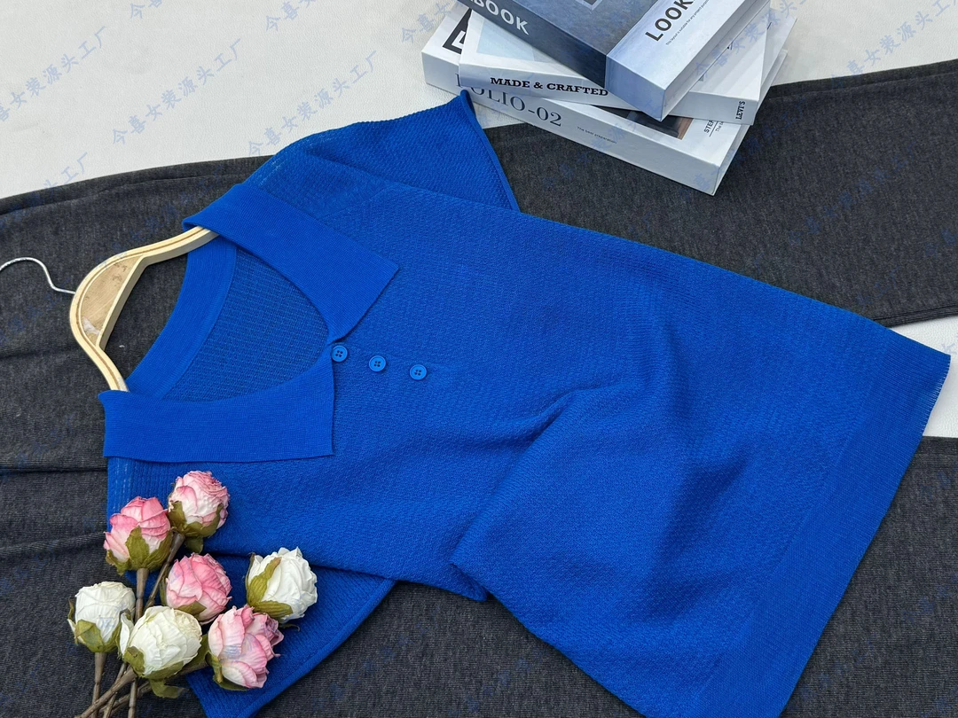 【蓝色翻领套头】新款气质款针织短袖上衣QC3327