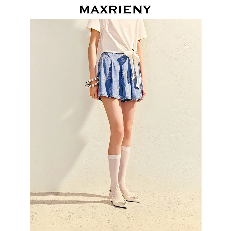 【蜜思仝】MAXRIENY不对称小a半裙裤2025春季新款浅牛仔蓝色短裤女