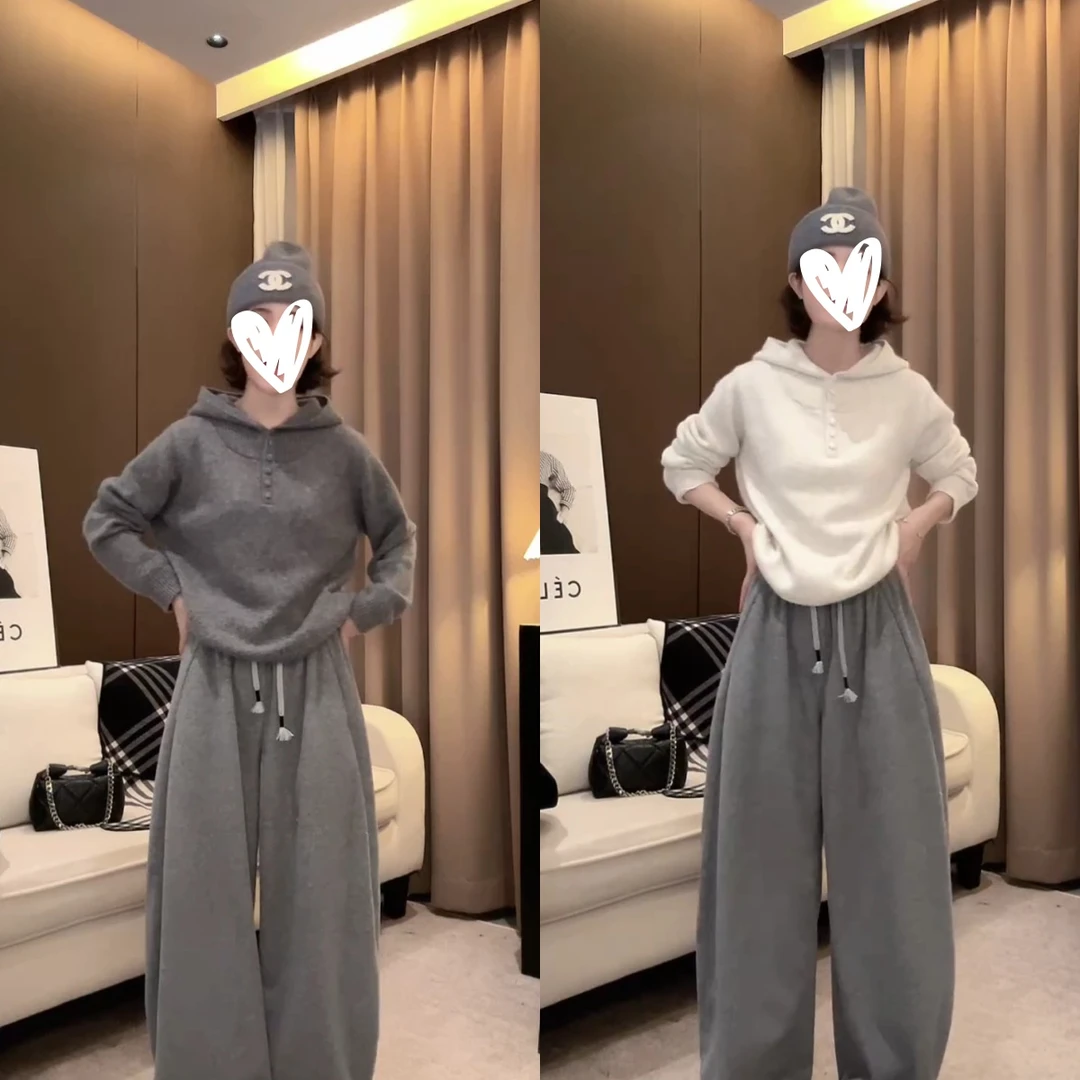 秋冬新款慵懒风连帽长袖百搭毛针织衫宽松休闲减龄洋气时尚C6567