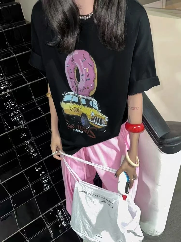 Manmi 甜甜圈汽车印花镂空蕾丝露背短袖T恤  8350（C3）