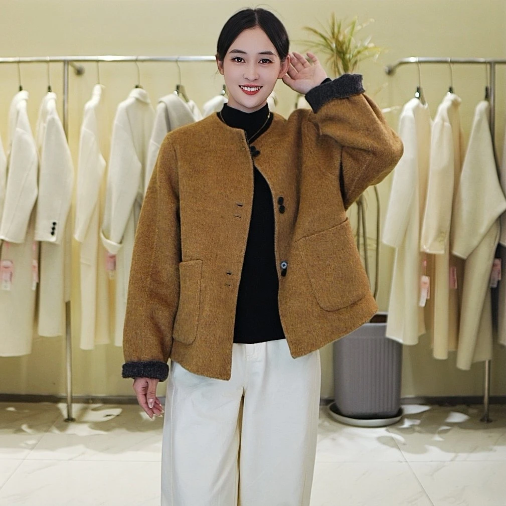 双面双色时尚女气质圆领秋冬毛呢外套上衣小香风季百搭羊毛大衣