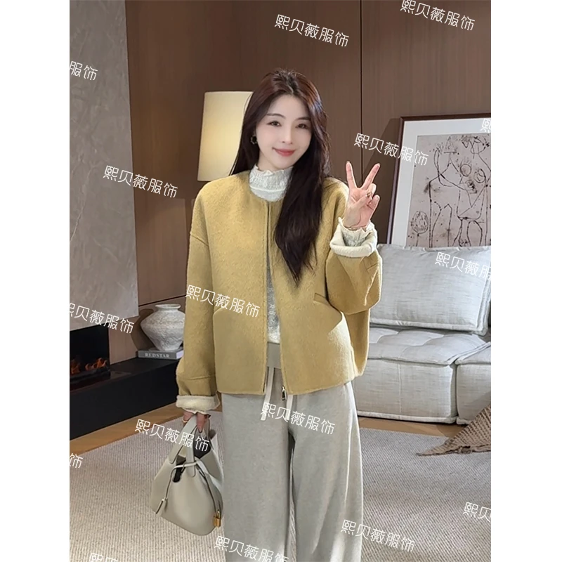 熙贝薇9 双面手缝全羊毛大衣内里撞色设计感秋冬外套 G5589