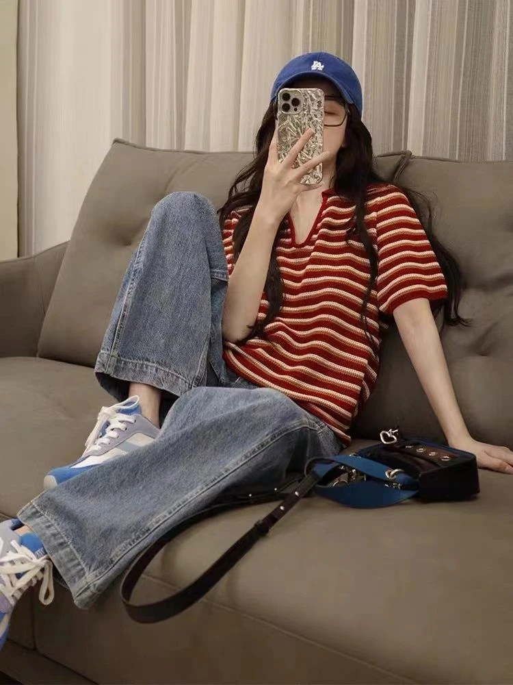 大码女装2025夏季新款短袖宽松型翻领毛针织衫百搭条纹时尚3996