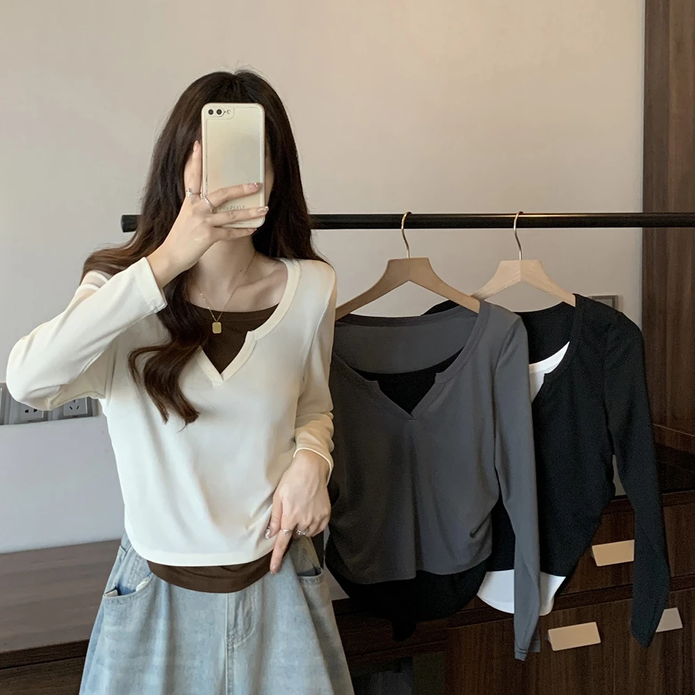 装新款假两件长袖简约T恤2506