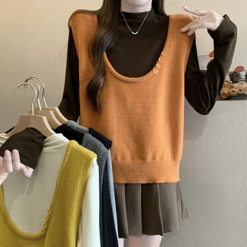 韩版U领叠穿软糯针织毛衣马甲高领磨毛打底衫上衣搭配2025年秋季