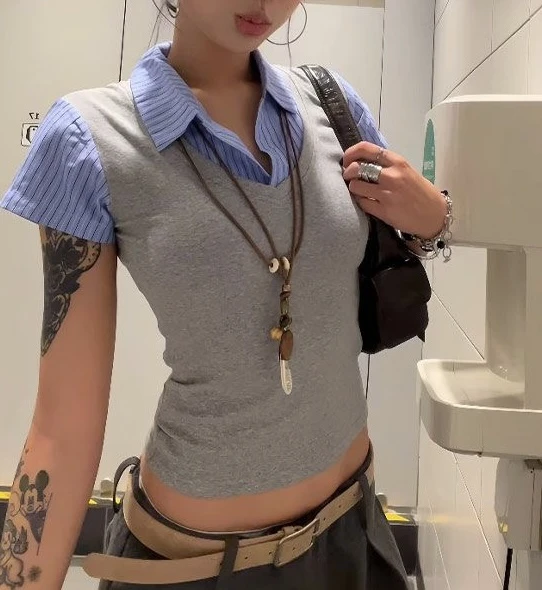 短袖条纹拼接学院风T恤打底衫