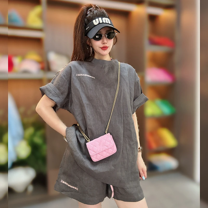 夏季中长款纯色圆领短袖亚麻T恤女百搭网红时尚休闲半袖上衣简约
