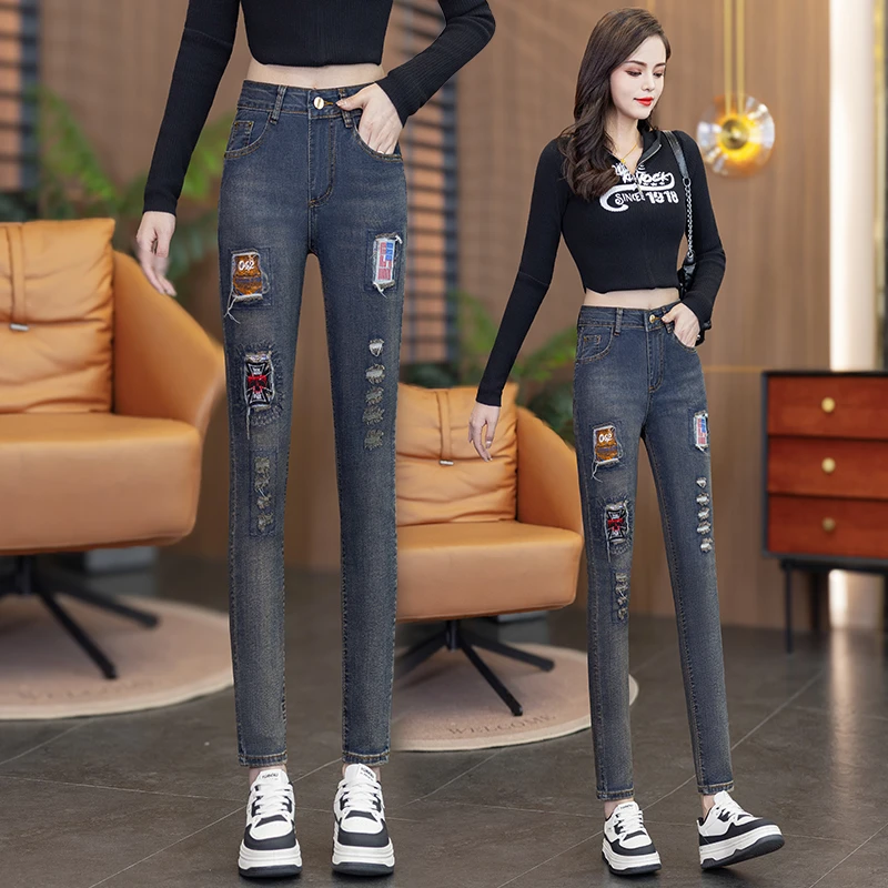 复古休闲小个子高腰牛仔裤女2025年大码春秋冬季新款显瘦九分裤女