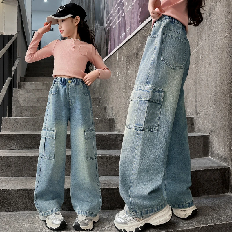 女童牛仔裤2025新款女孩显瘦春秋装中大童洋气时髦儿童工装裤子潮