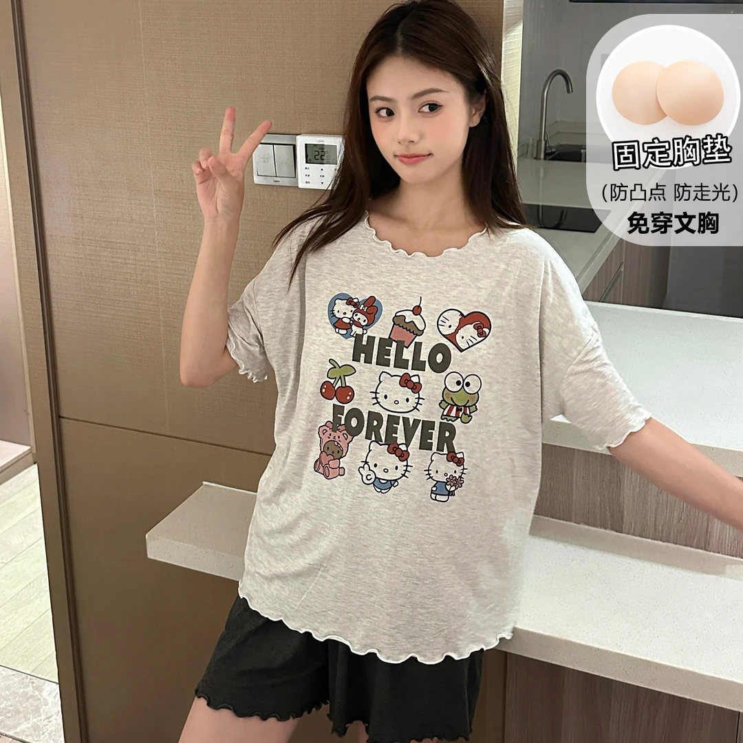 带胸垫睡衣女夏季莫代尔2025新款短袖卡通夏天薄款外穿家居服套装