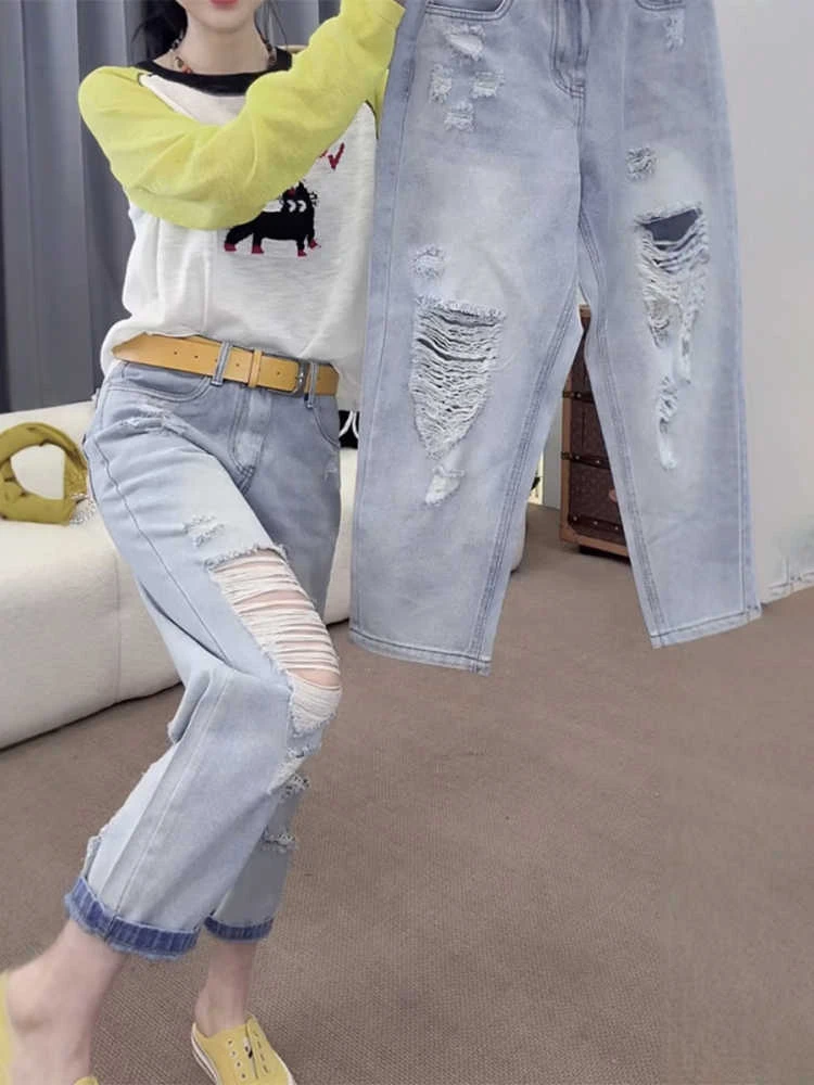 大码乞丐破洞百搭哈伦牛仔裤女款2025夏季新款高腰显瘦直筒老爹裤