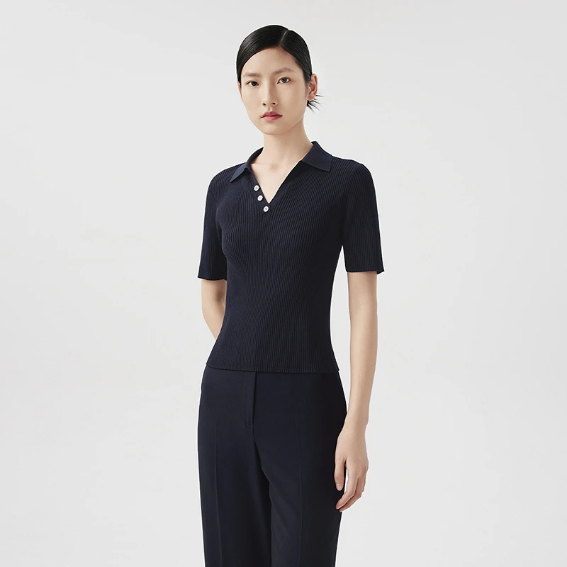 LANCY/朗姿2024夏季新款短袖修身坑条针织衫女气质上衣