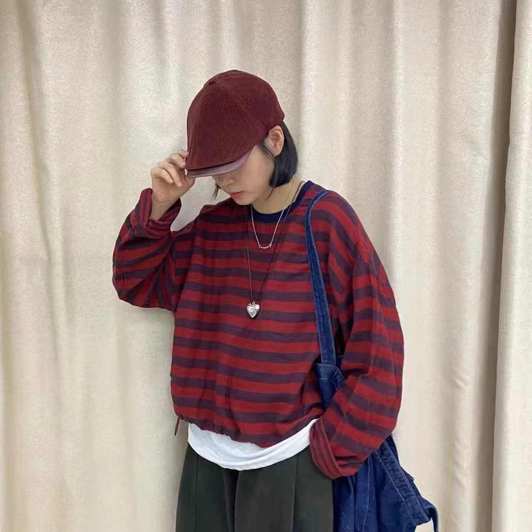 8900新款纯棉外穿打底双层纱时尚女宽松条纹圆领色显瘦休闲百搭