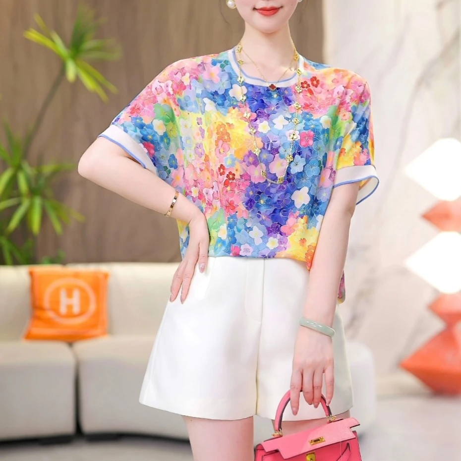 现货【七彩花绽】2025夏款新款百搭时尚显瘦气质减龄短袖洋气上衣