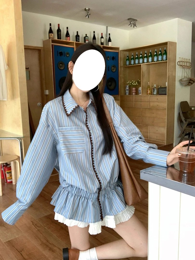 清妍蓝色衬衫女秋季高级感别致上衣法式条纹设计感长袖衬衣35298