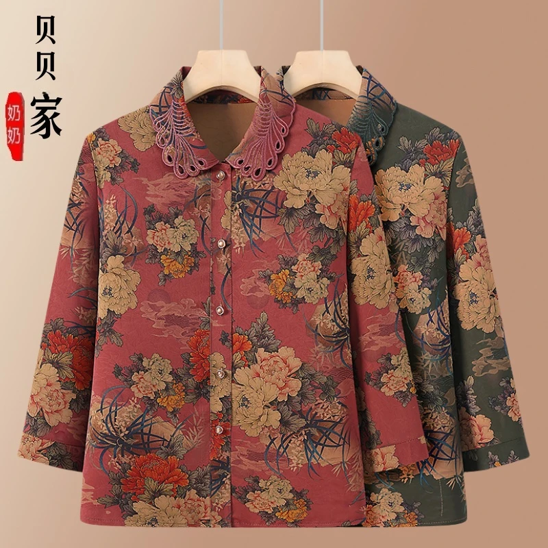 中老年小衫时尚衬衫妈妈春装新款印花翻领洋气上衣时尚宽松衬衣女