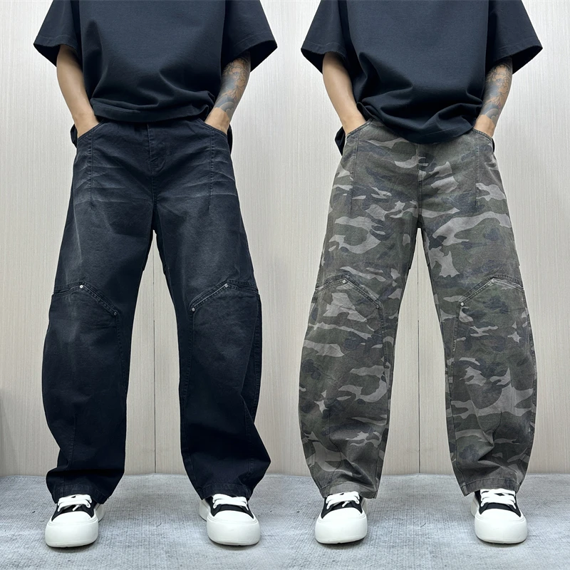 昊Studio秋季新款休闲长裤拼接百搭复古系带牛仔裤阔腿裤时尚裤子