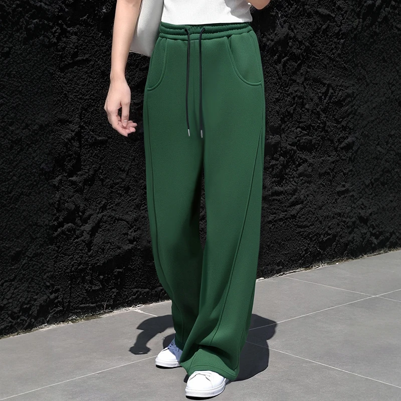 深绿色弯刀裤女春秋款宽松百搭纯棉时尚美式休闲阔腿长裤香蕉卫裤