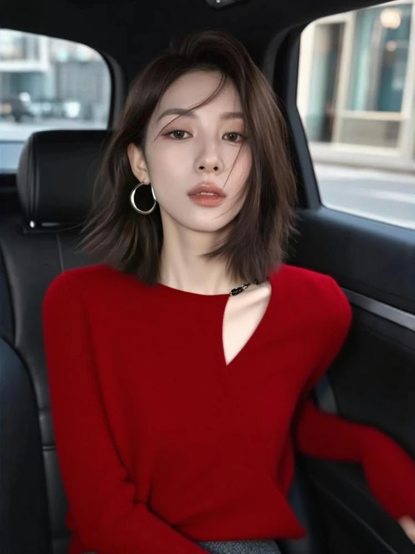 2025秋季高级感慵懒风独特别致T恤设计感小众不撞款红色针织衫女