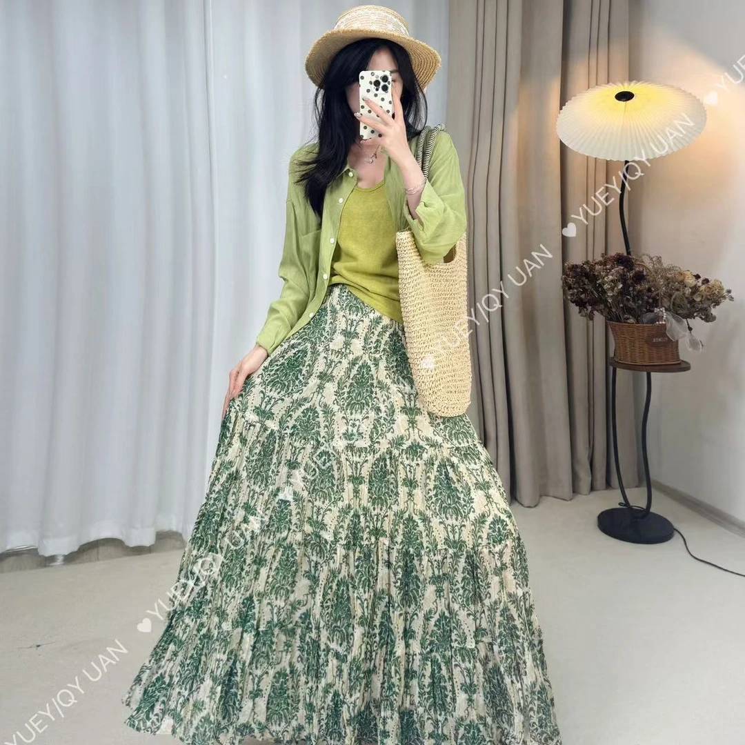 竹绿夏季碎花复古显瘦半身裙高腰长款百褶裙时尚百搭大摆A字裙