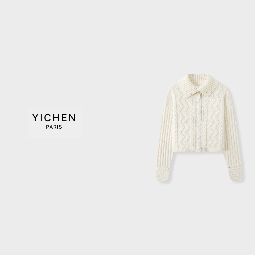 YC 滑雪系列米白色立体绞花翻领重工粗针手套毛衣外套-6036