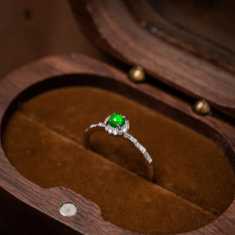 【元满】简约时尚戒指 A货翡翠蛋面国标S925银镶戒指 ins风上班族