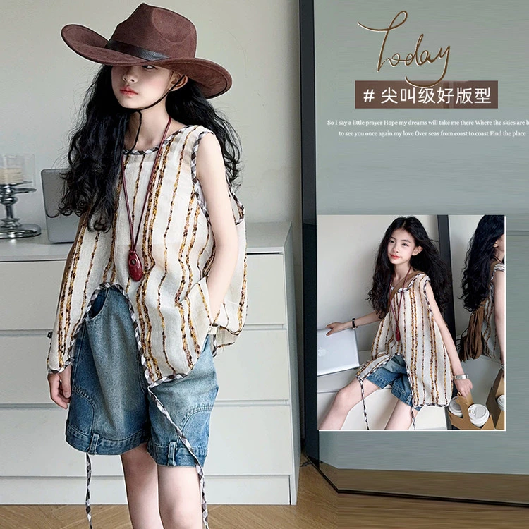 【甜野家】女童竖条纹上衣打底牛仔短裤复古两件套2025夏季中大童