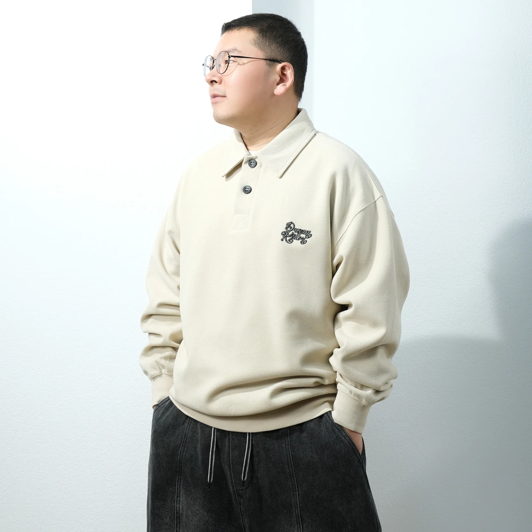 胖子加肥大码华夫格刺绣翻领卫衣男春秋宽松休闲百搭长袖polo衫