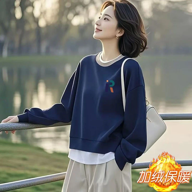 华棉圆领2025春秋冬新款加绒/不加绒短款卫衣女拼色简约印花外套