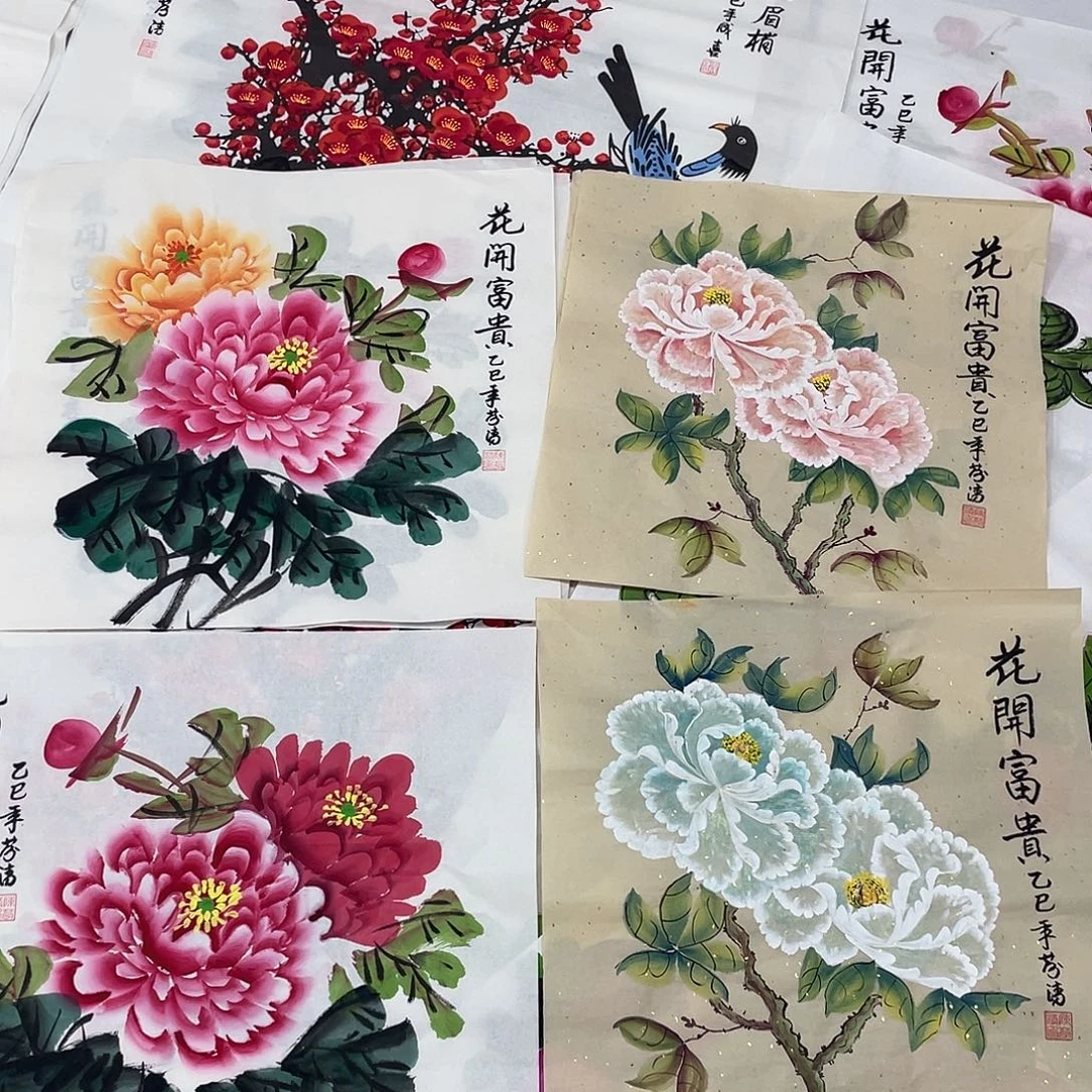 国画国画作品书法作品原稿四张斗方牡丹