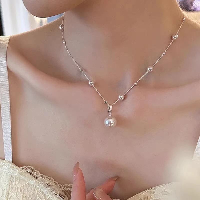 铜合金仿珍珠项链 满天星曼塔玫瑰珍珠项链女高级感轻奢锁骨链