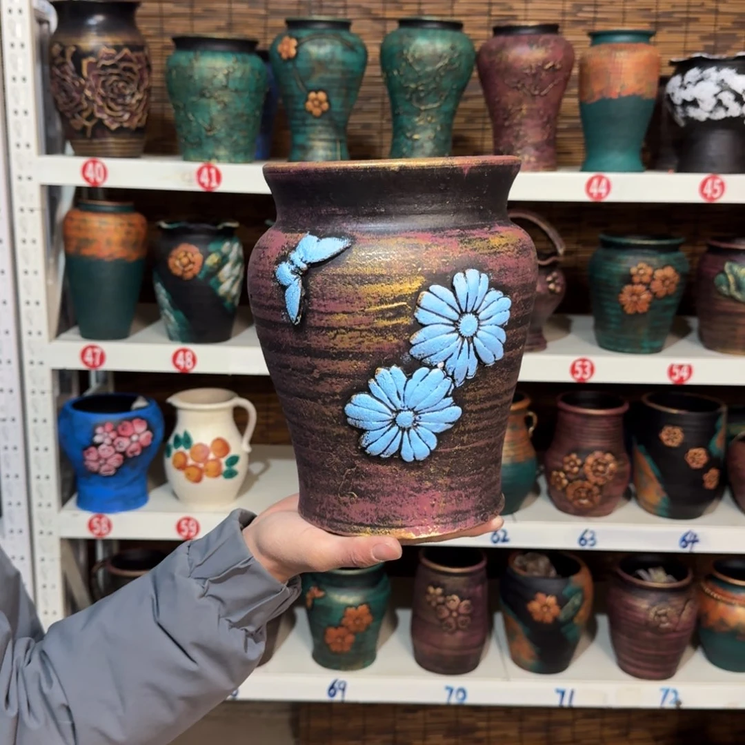 红陶红陶浮雕花盆炸炸炸炸