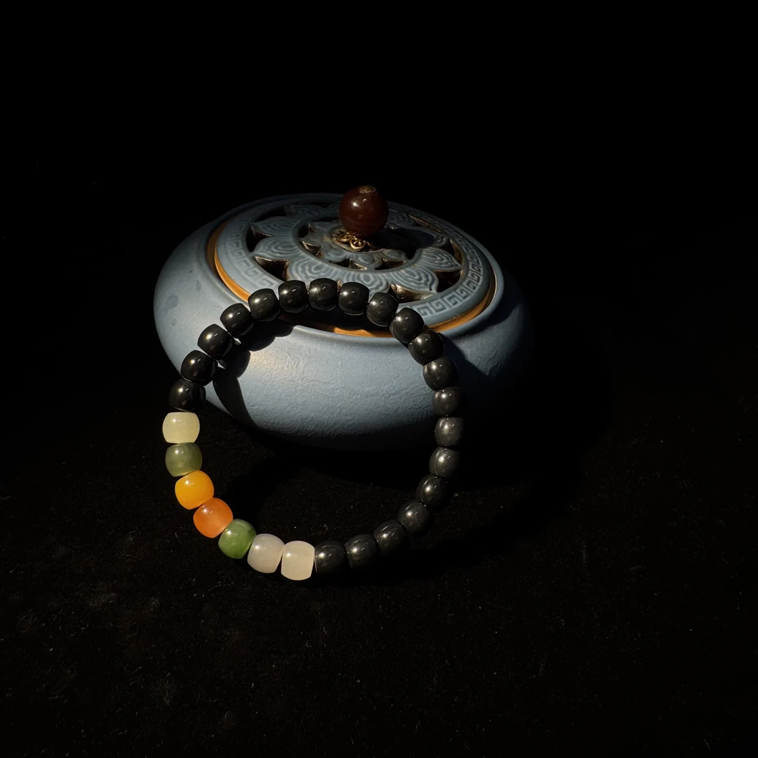 绳之运【爆款】和田玉黑青直切单圈手串彩虹黑羊脂黑色玉天然手串