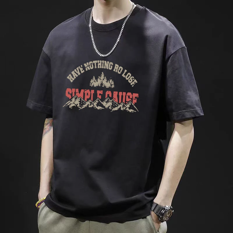 美式重磅复古t恤短袖男夏季宽松大码休闲圆领宽松纯棉半截袖体恤