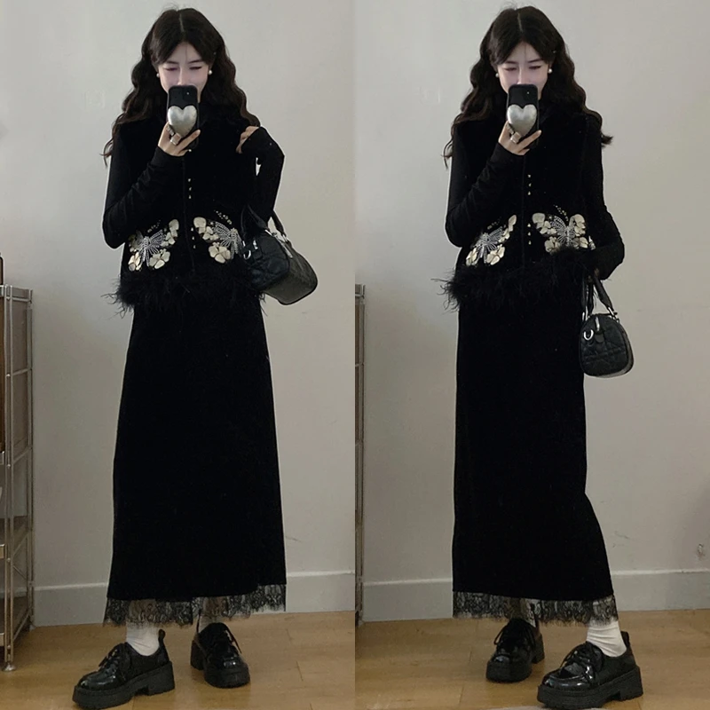 大码胖mm女装秋冬新款新中式气质复古黑色马甲丝绒半身裙三件套装